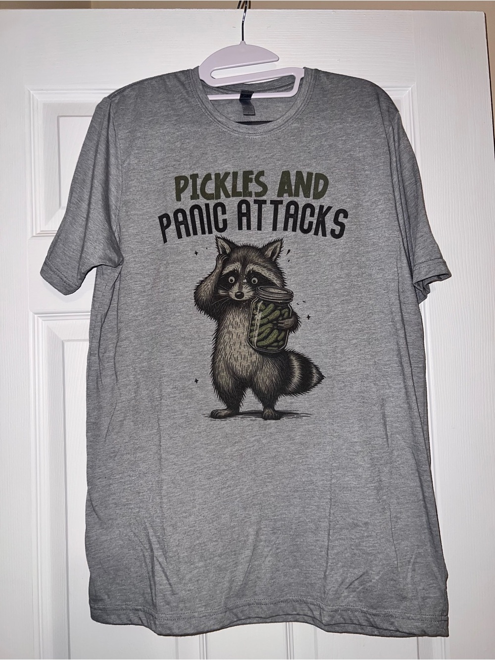 Next Level Apparel Gray "Pickles and Panic Attacks" Raccoon Graphic Tee